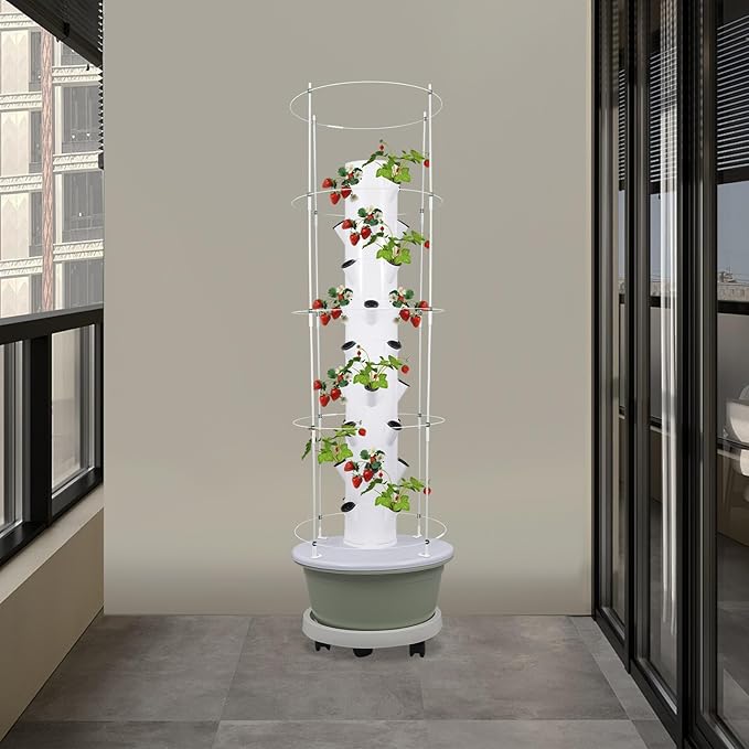 Hydroponic Growing Tower with Climbing Trellis, 30L Water Tank & Automatic Timer, Indoor Outdoor Vertical Garden System for Vegetables Herbs Strawberries (Light Green - 36 Holes)