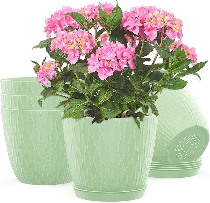 Plastic Flower Pots, 5 Pack 6 inch Indoor Plant Pots Planters for Outdoor Plants Flowers Garden Patio Home Nursery Decor Gifts,Large Succulent Pots with Drainage Tray Saucer & Hole Green