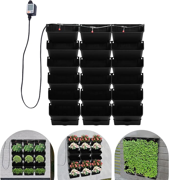 Self-Watering Wall-Mounted Planter, 18 Pots Wall Mounted Plastic Plant Grow Pot Vertical Garden Planter with Intelligent Control & Adjustable Irrigation System for Indoor Outdoor (Black, 18 Pots)