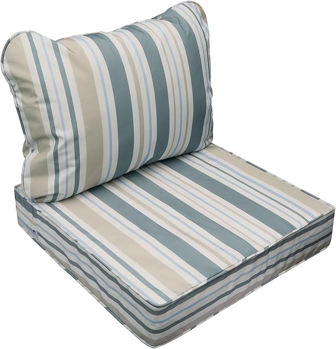 AAAAAcessories Outdoor Seat Cushions for Chairs, Fade-Resistant, Waterproof Patio Furniture Replacement Cushions, 22" x 22" x 3" + 22" x 17", Slate Gray Blue Coastal Stripe