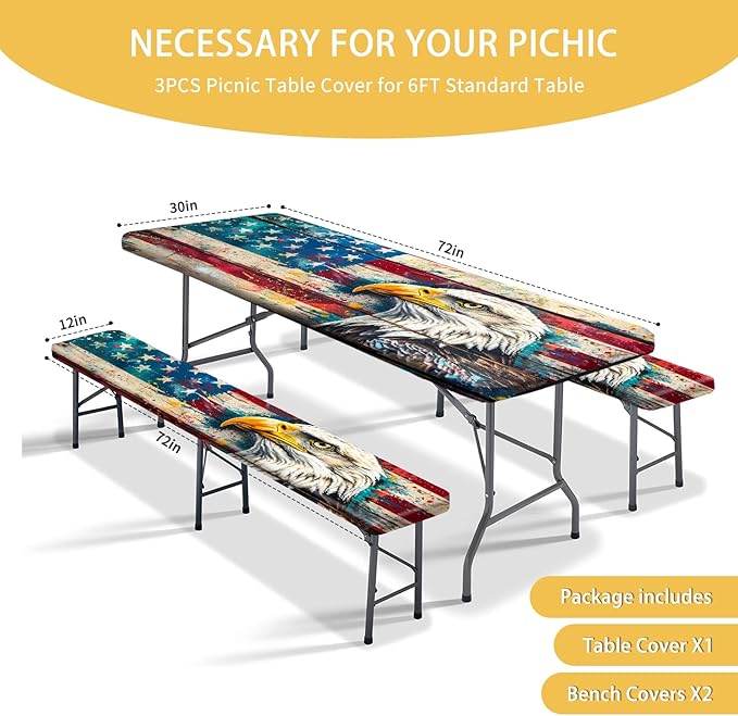 Picnic Table Cover with Bench Covers Camping Essentials Waterproof Windproof Camping Tablecloth with Elastic, Fits Table 30"x 72" Rectangle and Seats, Wood Grain American Flag