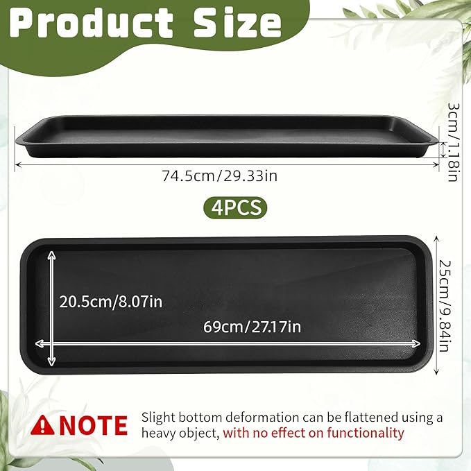 4 Pack Black 30 x 9.8 x 1.2 Inch Rectangle Plant Saucer Large Plastic Plant Tray Water Drip Trays for Windowsill Flower Pot Planter Drainage Germination Garden Outdoor Indoor Use
