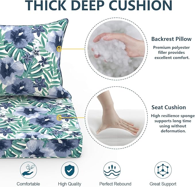 Outdoor Deep Seat Cushion Set, Water Repellent 24"x24" Patio Thick Cushions Replacement with Seat & Back Pillow for Patio Sofa, Wicker Chair, Couch - Blue Salmone Tropical