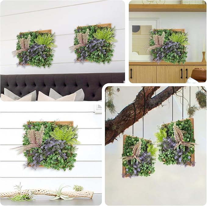 1 Piece Hanging Wall Artificial Plants for Home Decor Faux 3D Greenery Plant in Wooden Frame 12 inches for Room Garden Patio Indoor Outdoor Decoration, Green with Purple