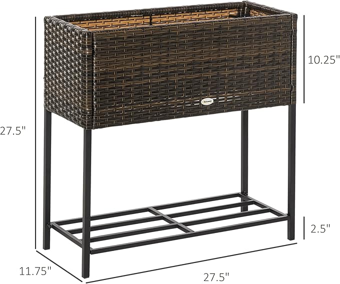 Outsunny Raised Garden Bed, Elevated Planter Box with Rattan Wicker Look, Tool Storage Shelf, Portable Design for Herbs, Vegetables, Flowers, Brown