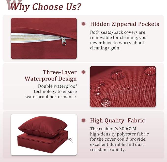 Outdoor Patio Chair Cushions Set 22 L X 24 W X 4 H Waterproof & Fade Resistant Deep Seat and Back Cushions with Removable Covers Outdoor Seat Cushion Set for Chairs and Sofas