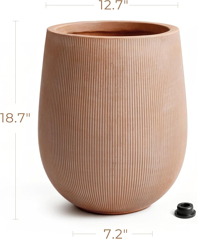 Planters for Indoor Plants, 18.7 inch Large Plant Pots for Indoor & Outdoor Use, Magnesium Oxide Ribbed Round Planter with Drainage Hole and Rubber Plug, Garden Decorative