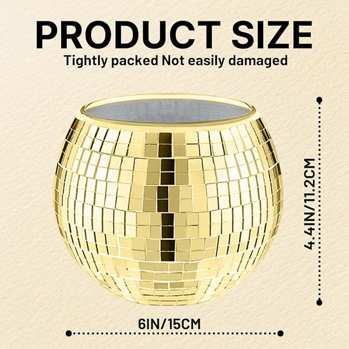 2 Pcs Disco Ball Vase,4.4 x 6 Inch Mirrored Disco Ball Planter,Disco Ball Candle Holders Perfect Disco Decorative Planters for Living Room Bedroom Table Wedding Party Birthday(Gold)