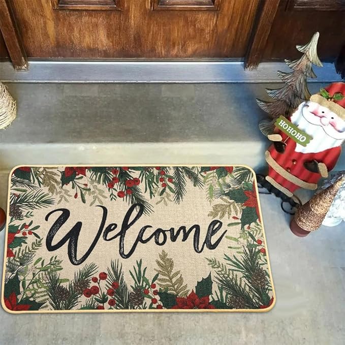Christmas Welcome Doormat，Winter Christmas Outdoor Safflower Garden Rug Leaves Decor Floor Front Door Mat Non-Slip Entrance Mat for Home Kitchen Bathroom Decorations 17 X 29 Inch