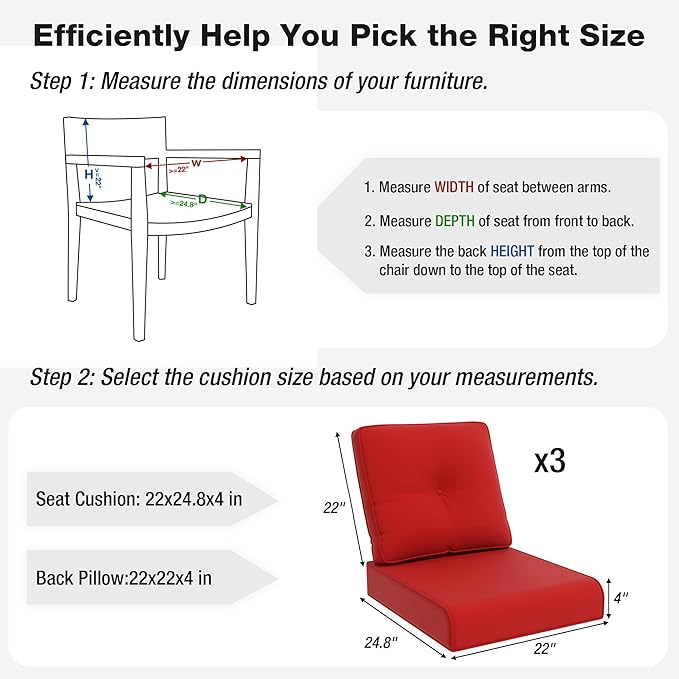 Joyside Outdoor Chair Cushions Set, 22x25/22x24 Inch Patio Furniture Deep Seat Cushions, Water Resistant & Thick Cushion, Outdoor Replacement Cushions for Seat and Sofa