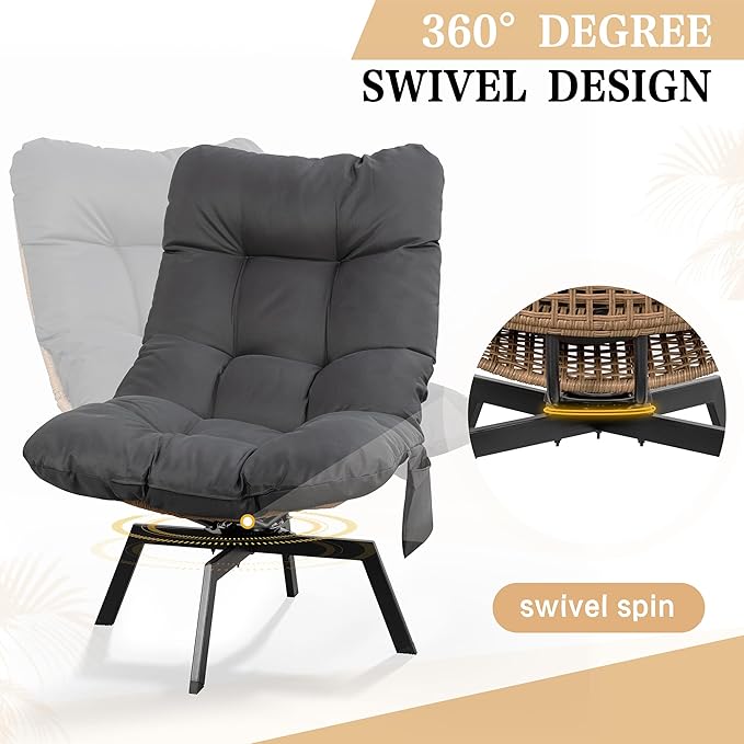 Vongrasig Swivel Wicker Chair PE Rattan Chair with Cushion, Oversized Patio Lounge Chair for Outdoor, Indoor, Balcony, Backyard, Garden, Living Room, Black