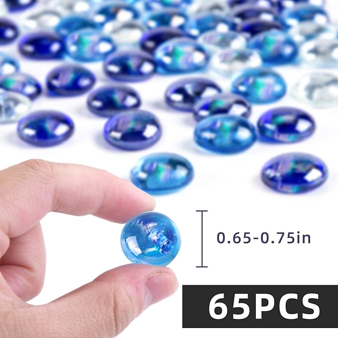 DomeStar 65PCS Iridescent Blue Flat Marbles, Decorative Glass Pebbles Beads Vase Fillers Decorative Fish Tank Aquarium Rocks for Centerpieces Table Decor