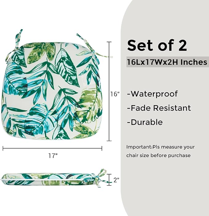 Outdoor Chair Cushions Set of 2,Patio Seat Cushion 17"x16"x2",U-Shaped Dining Chair Cushion 17 by 16 Inch,Water Resistant,Fade-Resistant Chair Pads for Kitchen Garden Furniture(Palm Leaf)