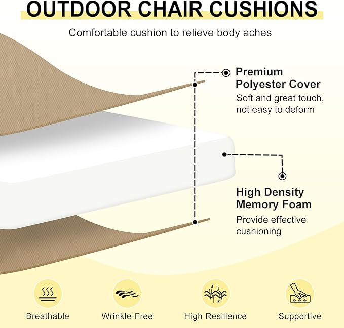downluxe Outdoor Chair Cushions Set of 4 for Patio Furniture, Water-Resistant Square Corner Patio Chair Cushions with Ties, High Density Foam Outdoor Seat Cushion, 18.5" X 16" X 3", Khaki