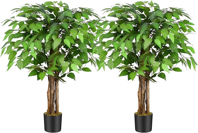 3ft Ficus Artificial Trees with Natural Curved Trunks, 36" Tall Lush Faux Tree for Home Decor Indoor, Green Lifelike Fake Ficus Tree Artificial Plants(Set of 2)