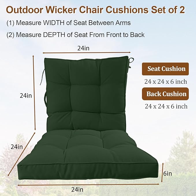 2 Piece Outdoor Patio Chair Cushions, Fade Resistant Outdoor Cushions for Patio Furniture, 6 inch Thickened Rocking Chair Cushions Set (Deep Green, 24x24x6 inch - 2 Pieces)