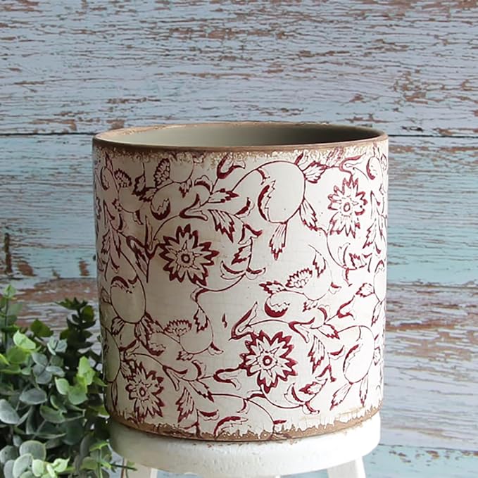Decorative Planter Cachepot for Indoor Plants & Artificial Flowers, 6.8 Inch Distressed Pottery Vintage Rustic Ceramic Flower Pots, French Country Bookshelf Tabletop Home Decor, Gift (Burgundy)