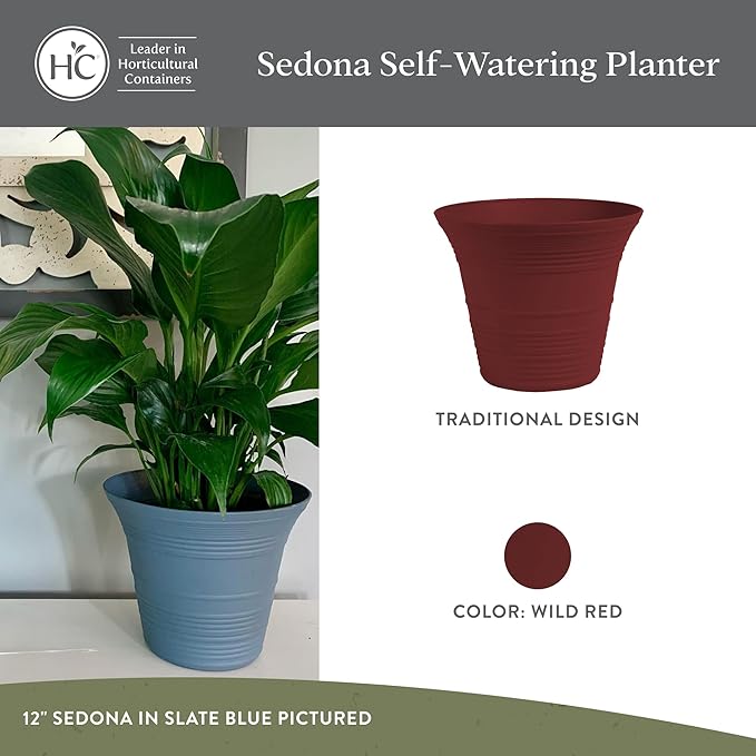 The HC Companies 19 Inch Sedona Round Self Watering Planter Pots, Lightweight UV-Resistant Plastic Indoor & Outdoor Planters, 2-Pack Flower Pots for Garden & Home Decor, Wild Red