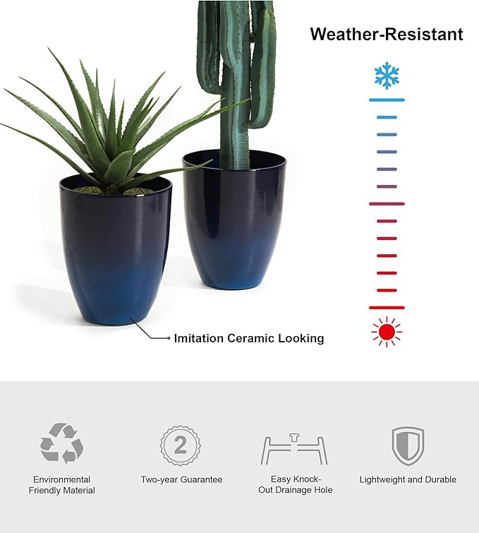 Glitzhome 16.75" H Garden Tall Planter Pots,Set of 2 Morden Round Faux Ceramic Tall Planter with Drainage Holes,Large Flower Pots for Outdoor Indoor,Cobalt Blue