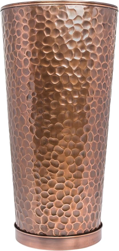 H Potter Tall Copper Planter Indoor Outdoor – 28” Antique Copper Hammered Metal Garden Planter with Insert & Drainage, Includes Drip Tray – Large Decorative Floor Planter for Entryway, Porch, Patio