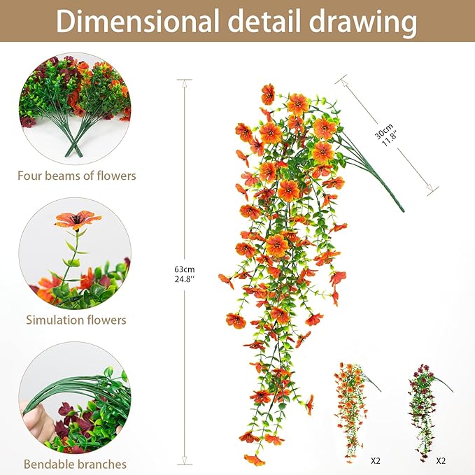 4Pcs Artificial Flowers Hanging Garden Decoration Outdoors Fall Realistic Plants Silk Flower Autumn Fake Flowers for Porch Patio Balcony Planter Yard (Dark Red+Orange)