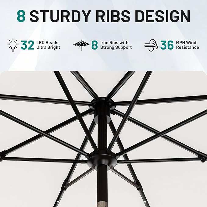 AreShark 9FT Patio Umbrella with Solar Lights, 32 LED Lighted Pool Umbrella w/Tilt and Crank, Outdoor Market Solar Umbrellas for Garden, Deck, Backyard, Pool and Beach, Cream-White