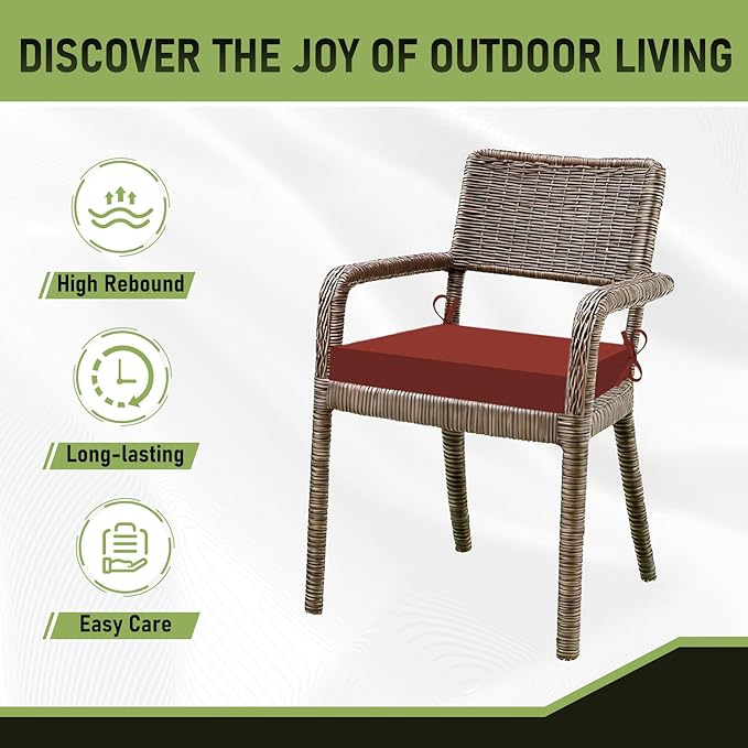 Basic Beyond Outdoor Chair Cushions Set of 2, Square Corner Outdoor Cushions for Patio Furniture, Water Resistant Patio Chair Cushions with 2 Ties, 18.5x16x3, Brick Red