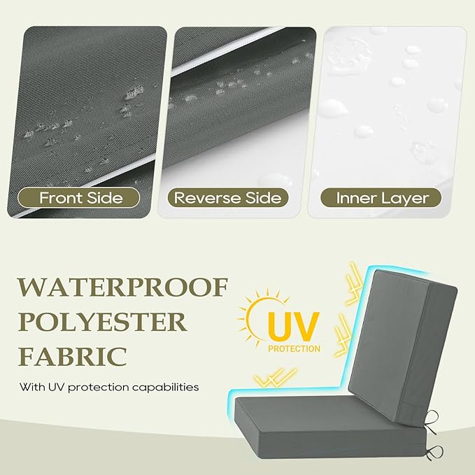 Wellsin Outdoor Cushions for Patio Furniture, Waterproof Outdoor Seat Cushions with Ties and Handle, 22X22 Outdoor Cushions, Outdoor Deep Seat Cushions with Removable Cover, Dark Gray
