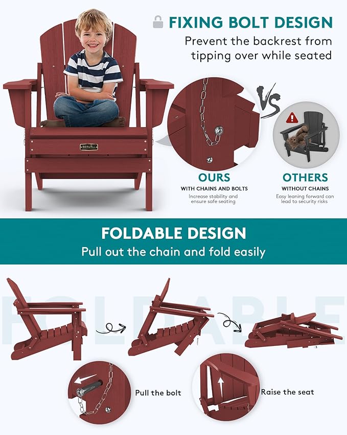 SERWALL Folding Adirondack Chair Outdoor Adirondack Chairs Weather Resistant Fire Pit Chairs for Patio - Red