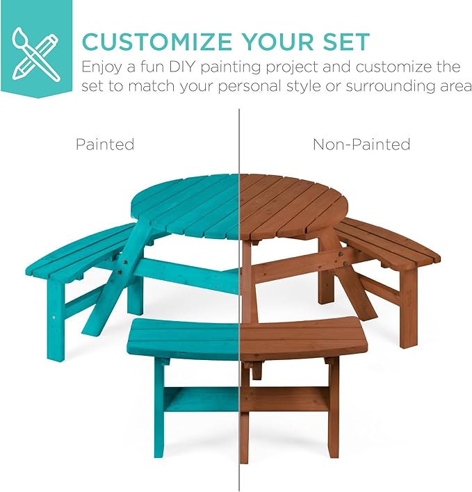 Best Choice Products 6-Person Circular Outdoor Wooden Picnic Table for Patio, Backyard, Garden, DIY w/ 3 Built-in Benches, 500lb Capacity - Acorn