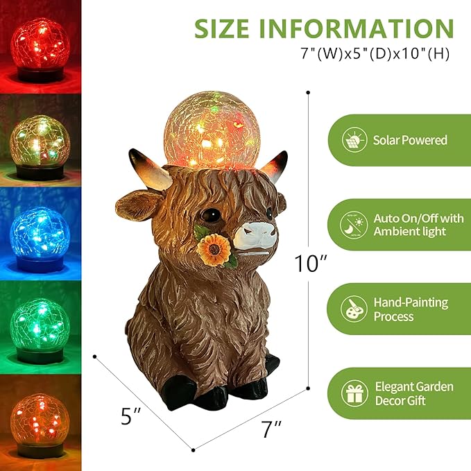 HONGLAND Solar Highland Cow Outdoor Garden Statues, Outside Decor with Color Changing Lights for Yard Lawn Ornaments Porch Patio Balcony Home Farmhouse, Birthday Gifts for Grandma Mom Women