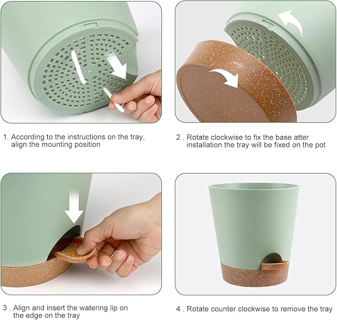 Indoor Self Watering Planters with Drainage Holes and Saucers, 8, 7, 6.5, 6, 5.5, 5 Inches, 6 Pots（Green+Brown