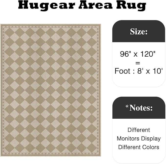 HUGEAR 8x10 Outdoor Rug Brown/Beige Linen-Look Fabric Checkered Area Rug High Traffic Stain Resistant Easy Clean Durable Rugs for Indoor/Outdoor Patio Deck Balcony Porch Garden Courtyard