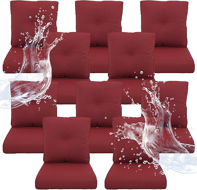 Outdoor Chair Cushions 10 Sets - 22 * 24" Patio Furniture Cushions with Removable Cover, 28D High Density Sponge Filling Outdoor Patio Cushions for Chairs, Rocker, Sofa and Loveseat - Red