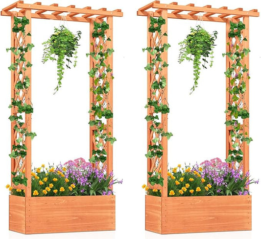 HAPPYGRILL Raised Garden Bed with Trellis, 2 Pack Wood Elevated Garden Bed with Hanging Roof, Planter Box, Drainage Holes for Climbing Plants, Flowers, Vegetables, 31" L x 14" W x 60" H