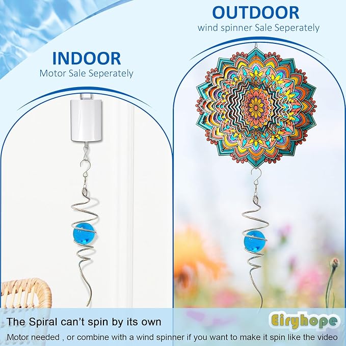 Gazing Ball Wind Spinner Spiral Tail with Blue Glass Orb | Creates Captivating Visual Illusion in Spinning, 13In Wind Spinners Stabilizer | Hanging Rotating Art Outdoor Garden Decor & Gift