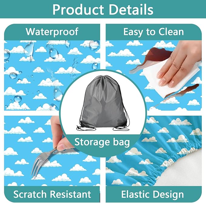 Picnic Table Cover with Bench Covers and Bag, Outdoor Waterproof Windproof Tablecloth with Elastic Edges, Camping Accessories RV Gear Campers 3 Pcs Set, 72X30in Blue Sky Cloud