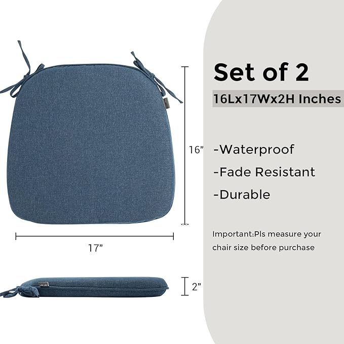 Outdoor Chair Cushions Set of 2,Patio Seat Cushion 17"x16"x2",U-Shaped Dining Chair Cushion 17 by 16 Inch,Water Resistant,Fade-Resistant Chair Pads for Kitchen Garden Furniture(Denim Blue)
