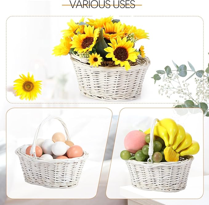 Barydat 6 Pcs Small Wicker Picnic Basket with Handle Flower Girl Baskets Oval Willow Woven Braided Gift Basket for Easter Weddings Baby Shower Home Garden Decor (White,9" x 7" x 4")