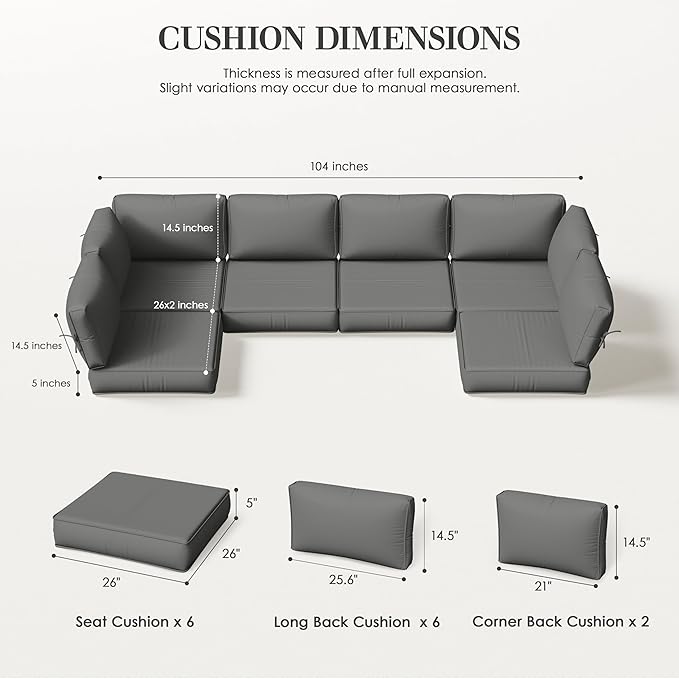 Outdoor Replacement Cushions for Patio Furniture, 5" Foam High-Density, 14-Piece Water-Resistant Outdoor Cushion for 6-Seat Sectional Patio Conversation Sets, Liner&Cover