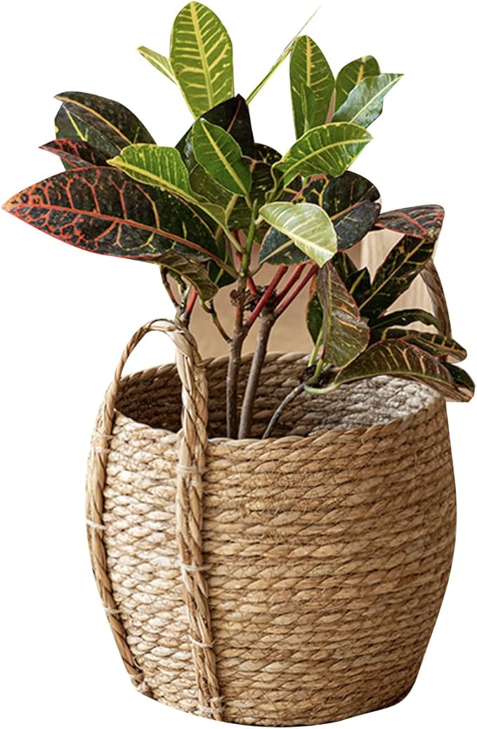 Rattan Grass Woven Flower Basket, Decorative Round Wicker Woven Rope Storage Blanket Basket with Woven Handles,Planter Pot for Living Room,Floor Standing Storage,Balcony Garden Decoration