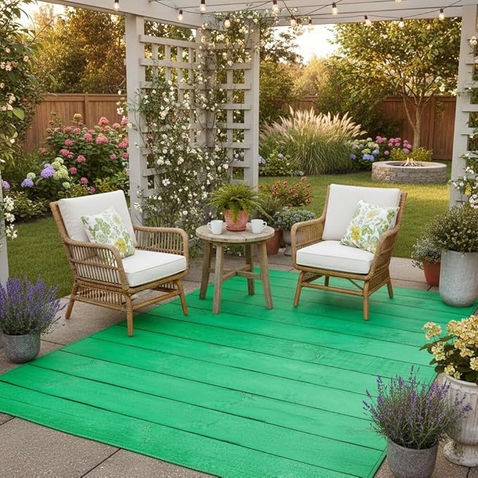 Vibrant Green Wooden Striped Outdoor Area Rug 10x14 Natural Rustic Wood Print Waterproof Outdoor Rug for Balcony Backyard Patio Deck Porch Washable Foldable Outdoor Carpet Camping Rv Picnic Mat