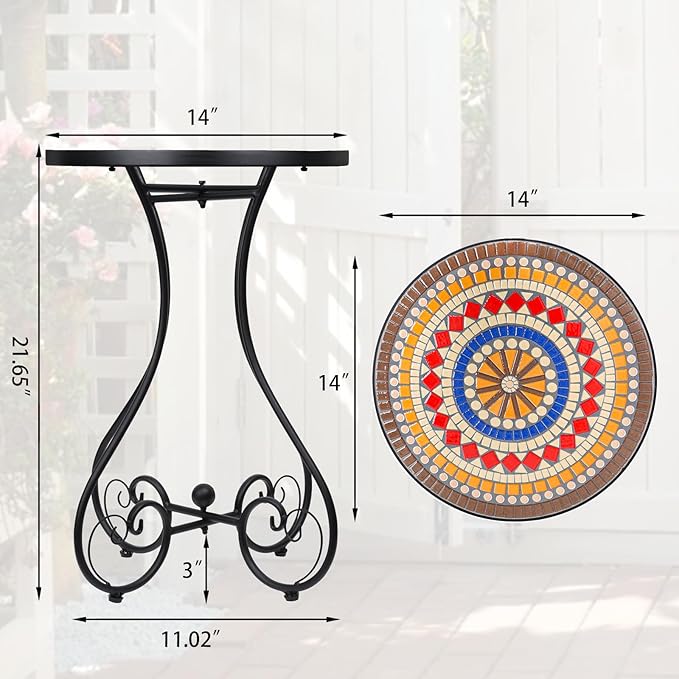 VCUTEKA Mosaic Outdoor Side Table, Round Rustproof Patio Table with 14" Ceramic Tile Top, Indoor Porch Accent Table for Yard, Garden, Living Room, Bistro Balcony, Brown