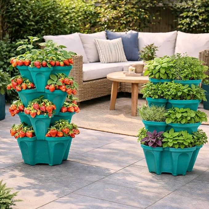 Large Vertical Planter Tower, 4 Tier Stackable Garden Planter, 28 Plant Sites, Heavy Duty Strawberry Planter, Vertical Growing System with Center Hole, Made in USA (Mineral Teal, Large)
