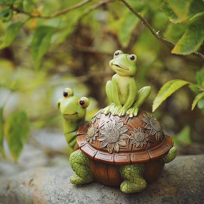 Resin Frog and Tortoise Garden Statue, Green Frog Tortoise Figure for Outdoor Decor Yard and Garden Decoration Resin Sculpture (Frog and Tortoise)