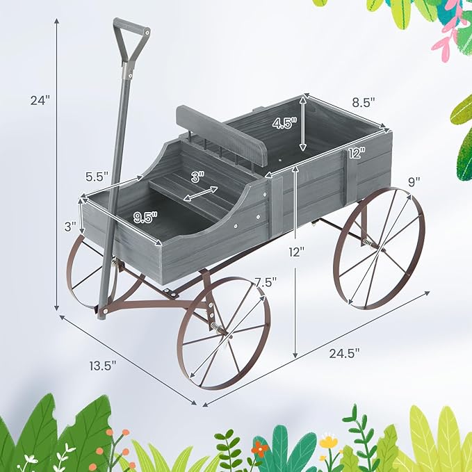 Wooden Wagon Planter, Decorative Garden Wheelbarrow Planter with 2 Planting Sections, Rolling Wheels, Adjustable Handle, Small Wagon Cart Planter Stand for Flowers Vegetables Herbs (Grey)