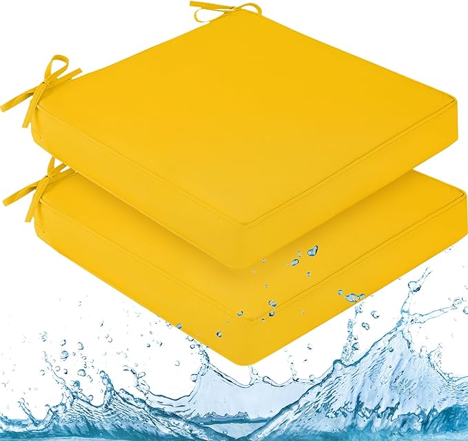 downluxe Waterproof Outdoor Chair Cushions for Patio Furniture, 19" x 19" x 2" Patio Chair Cushion with Adjustable Ties & Portable Handle, Square Outdoor Cushion with Removable Cover, Yellow, 2 Pack