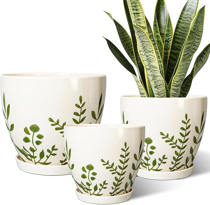 Ceramic Pots for Plants - 10+8+6 Inch Planters for Indoor Outdoor Flowers, Boho Round Decorative Flower Pots with Drainage Holes and Saucers, Home Decor, Gifts for Plant Lovers, Set of 3, White