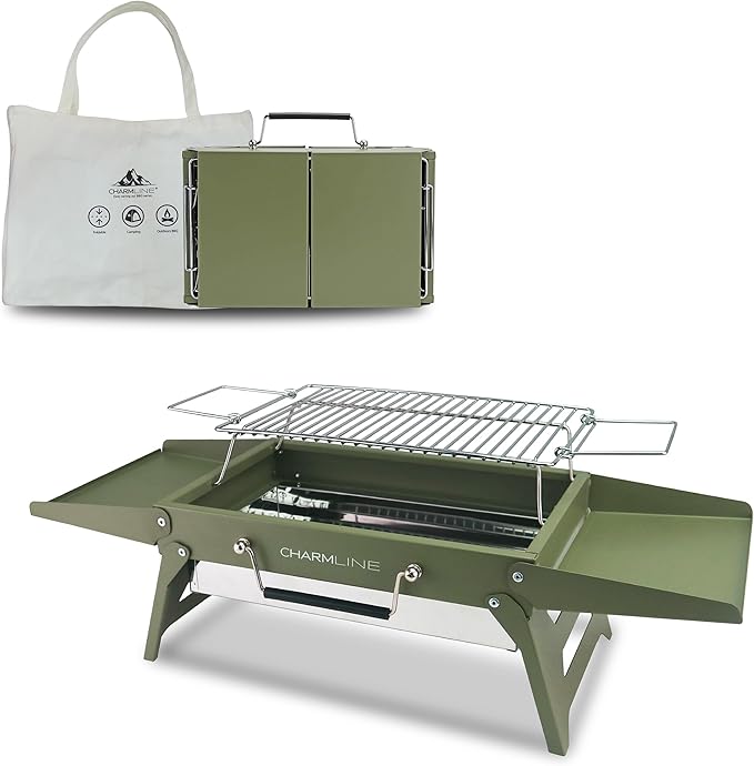 Charmline 14x9 inches Small Portable Charcoal Grill, Christmas Gift for Outdoor Enthusias, Tabletop Charcoal Grills for Camping, Picnics, Gardens and Beach Parties, Green