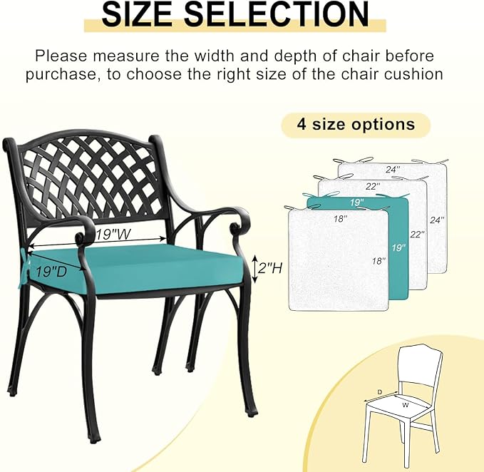 downluxe Waterproof Outdoor Chair Cushions for Patio Furniture, 19" x 19" x 2" Patio Chair Cushion with Adjustable Ties & Portable Handle, Square Outdoor Cushion with Removable Cover, Teal, 2 Pack
